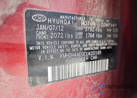 2012 Hyundai Elantra Gls z USA, uszkodzony, nr VIN KMHDH4AE0CU420149
